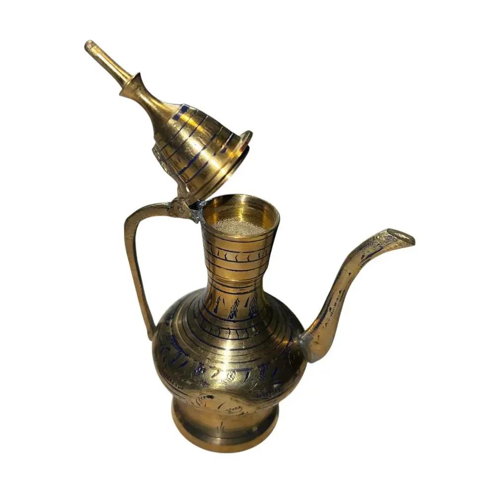 Vintage India Etched Brass Ewer Pitcher Decanter 6 Goblet Cup Set Ornate Boho